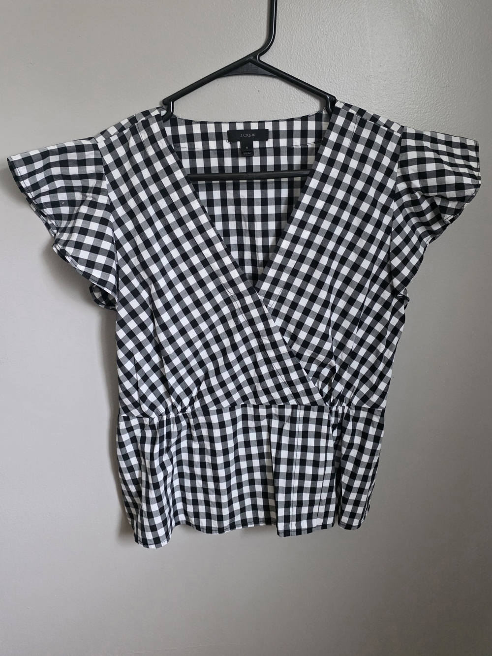 J. Crew Black & White Gingham Wrap Peplum Blouse